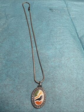 Vintage Pewter Inlay Oval Pendant Necklace - Women's Jewelry